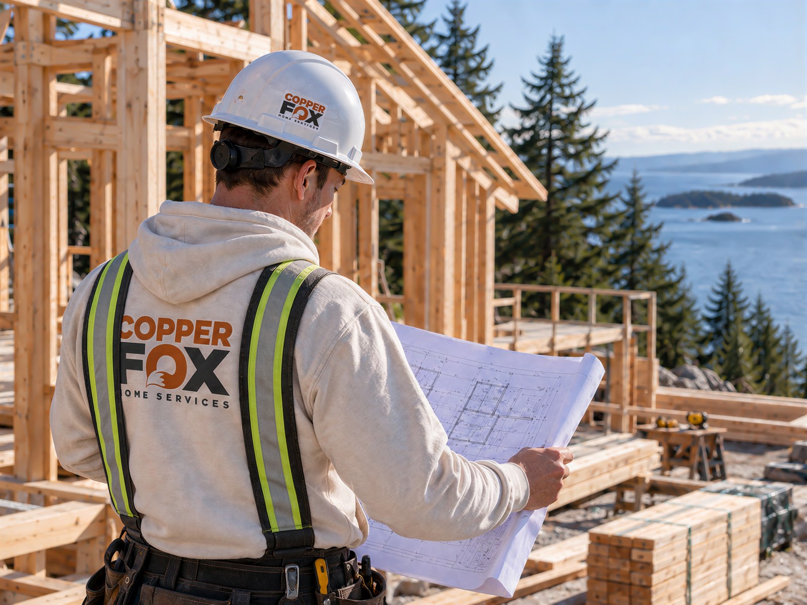 A Copper Fox team member reviewing drawings on a framed build overlooking the water