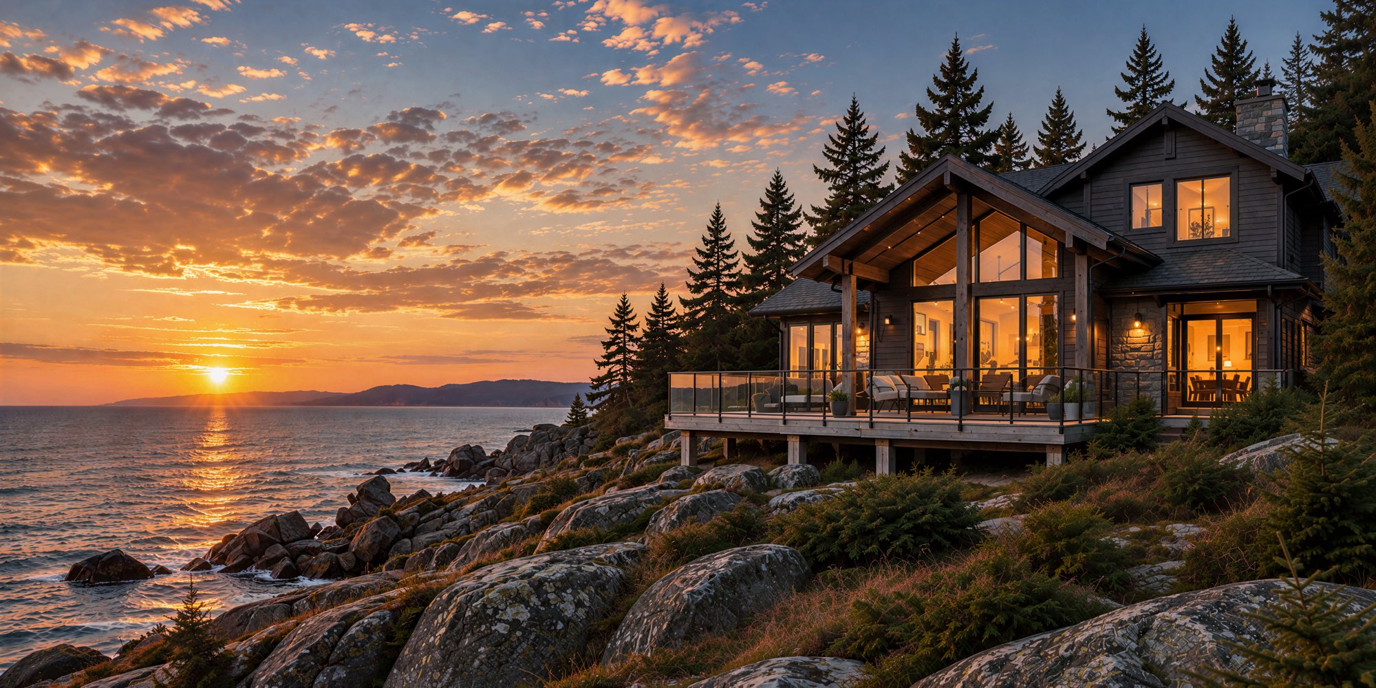 A timber and stone home with warm lit windows on a rocky Atlantic shoreline at sunset